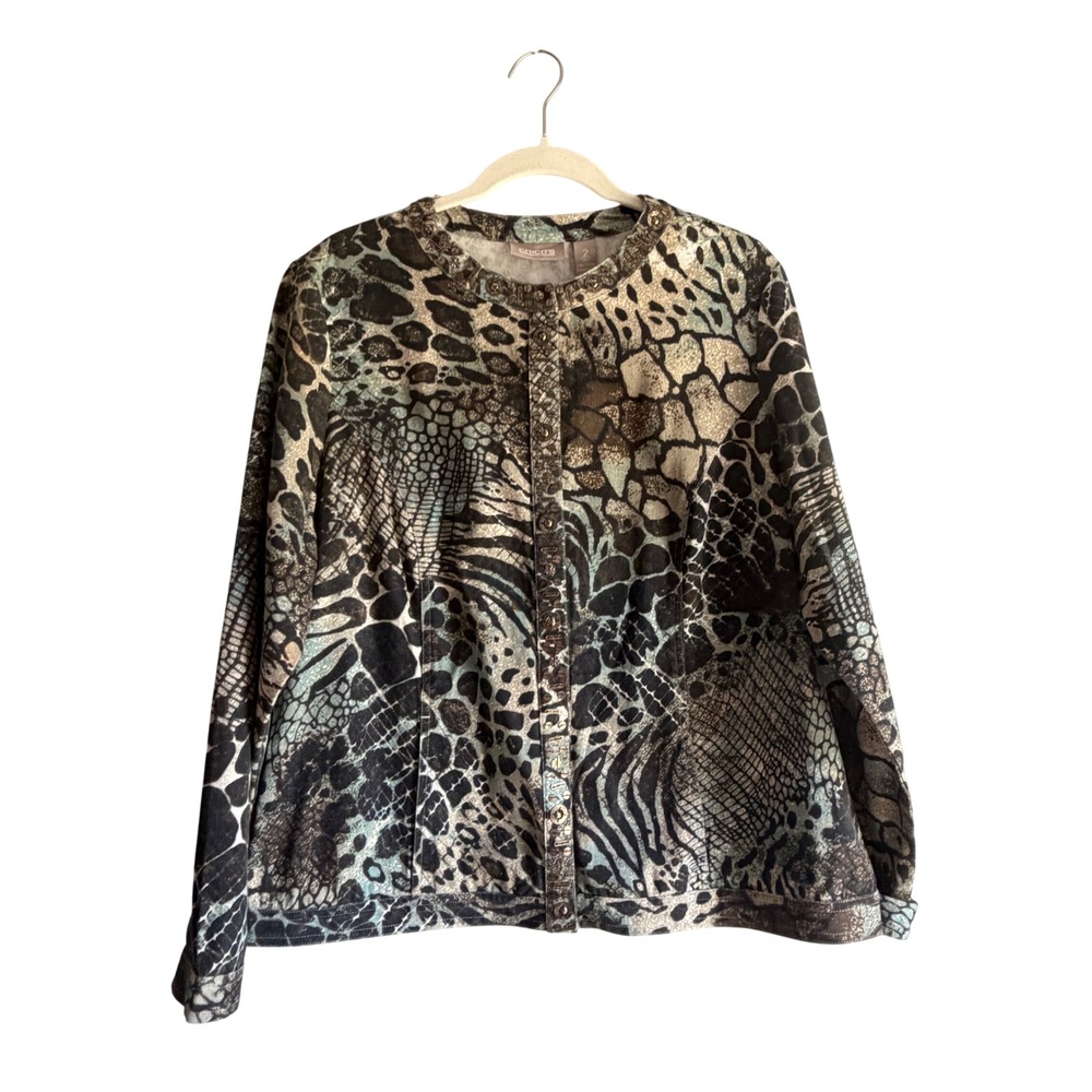 Chicos Animal Print Studded Denim Jacket Blue Brown Cotton Size 2 Large